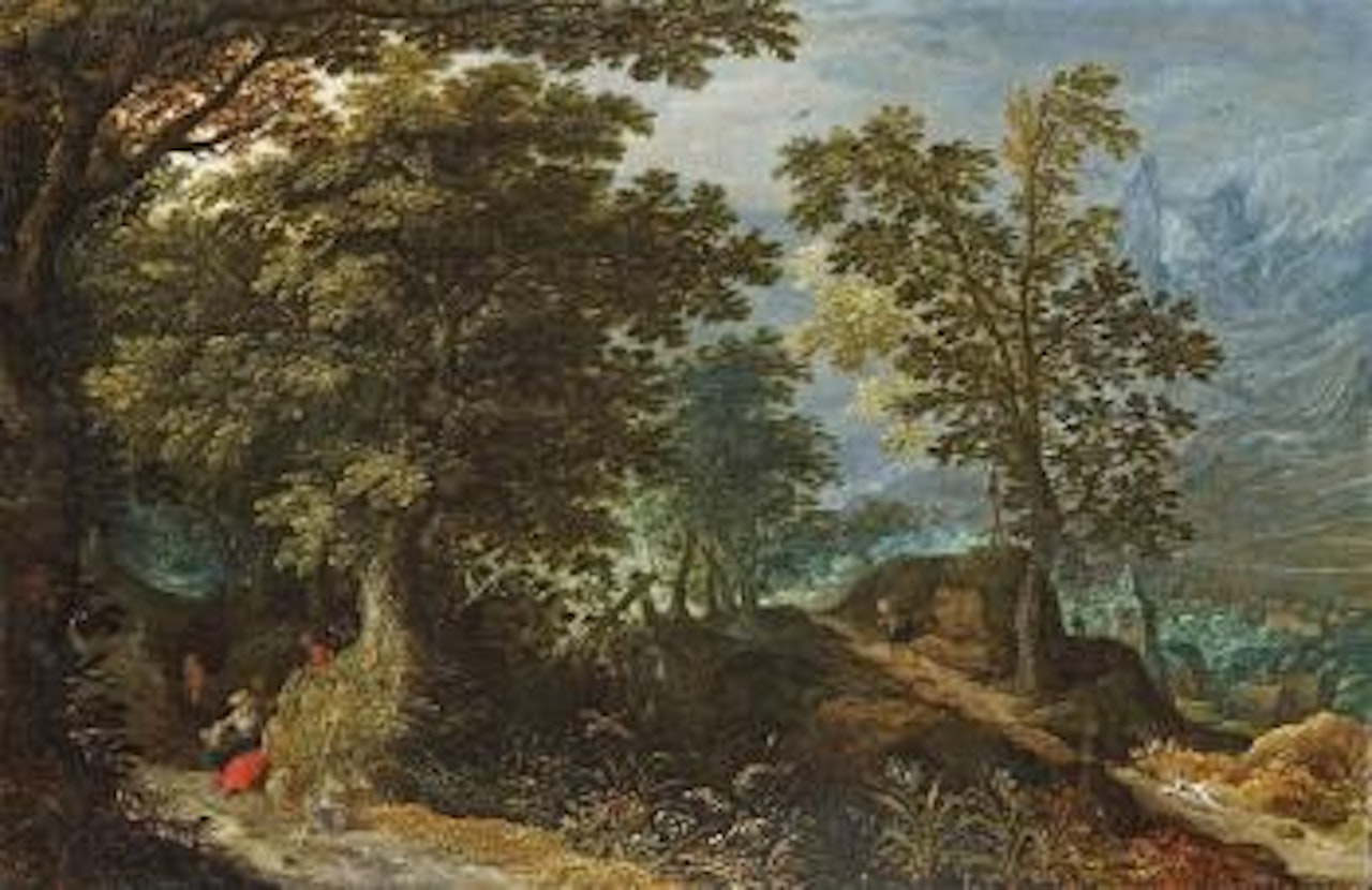Waldlandschaft Mit Rastender Frau Und Wanderer by Flemish School