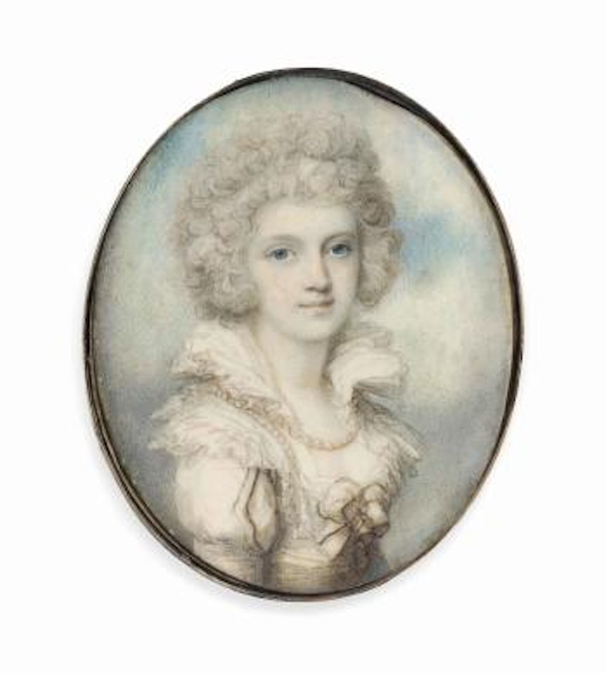 A young lady, in white dress with high collar, pearls worn around her neck and shoulder, powdered hair; sky background by Richard Cosway