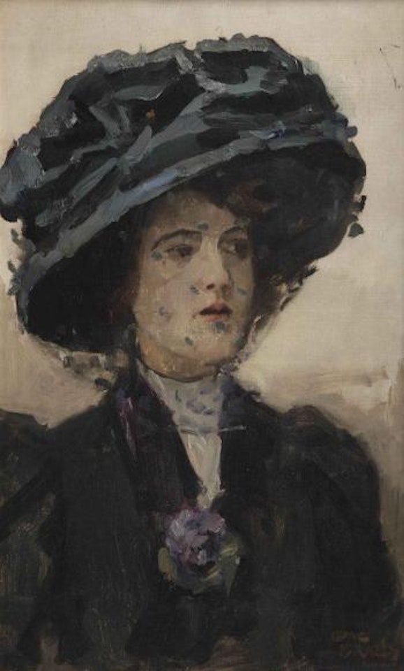 Elegant lady with blue hat and voile by Isaac Israels