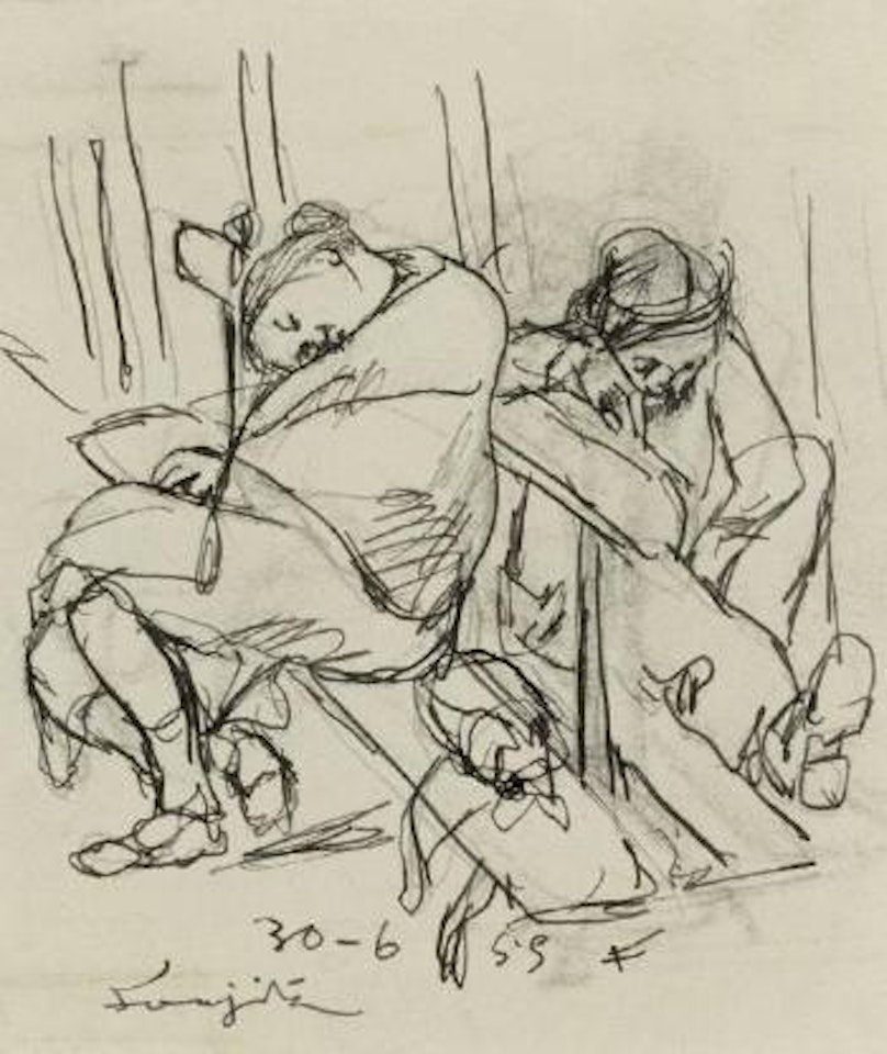 Couple de clochards sur leur banc by Leonard Tsuguharu Foujita