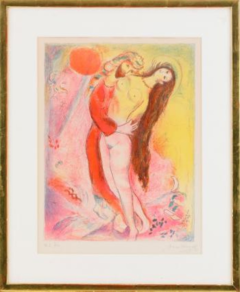 Arabian Nights, Plate 5, 'Disrobing her with his own hand, the King looked upon her body and saw it as if were a silvern ingot …' by Marc Chagall