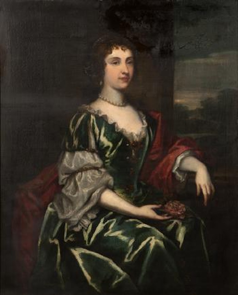 Portrait of a seated woman in a green satin dress by Sir Peter Lely