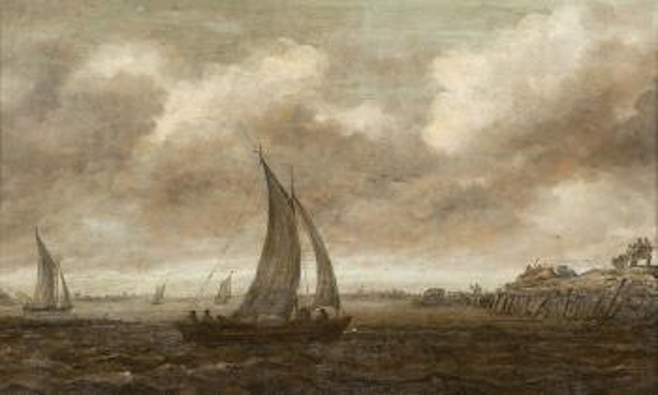 A grey day with sailboats on a river, figures and carts on a nearby shore by Jan van Goyen