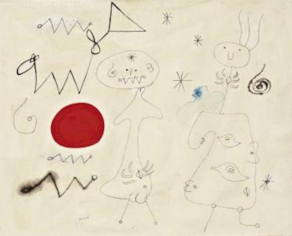 Femmes et oiseau devant le soleil by Joan Miró