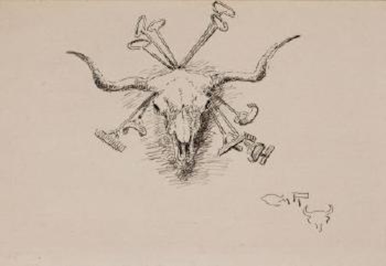 Heraldry of the range, (longhorn steer skull and five branding irons) by Charles M Russell