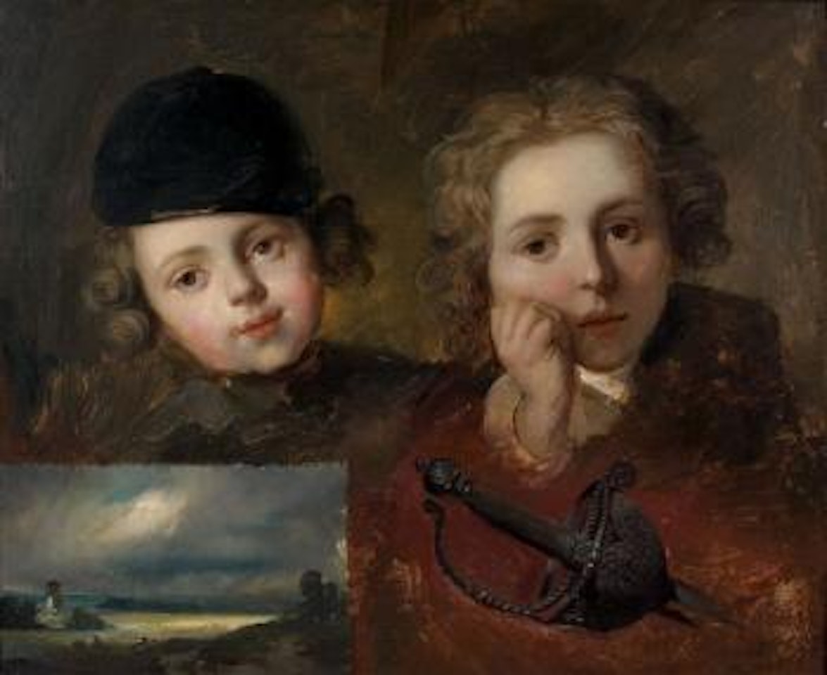 Composition d'études : deux études d'enfants, une étude de paysage et une étude de pommeau by French School