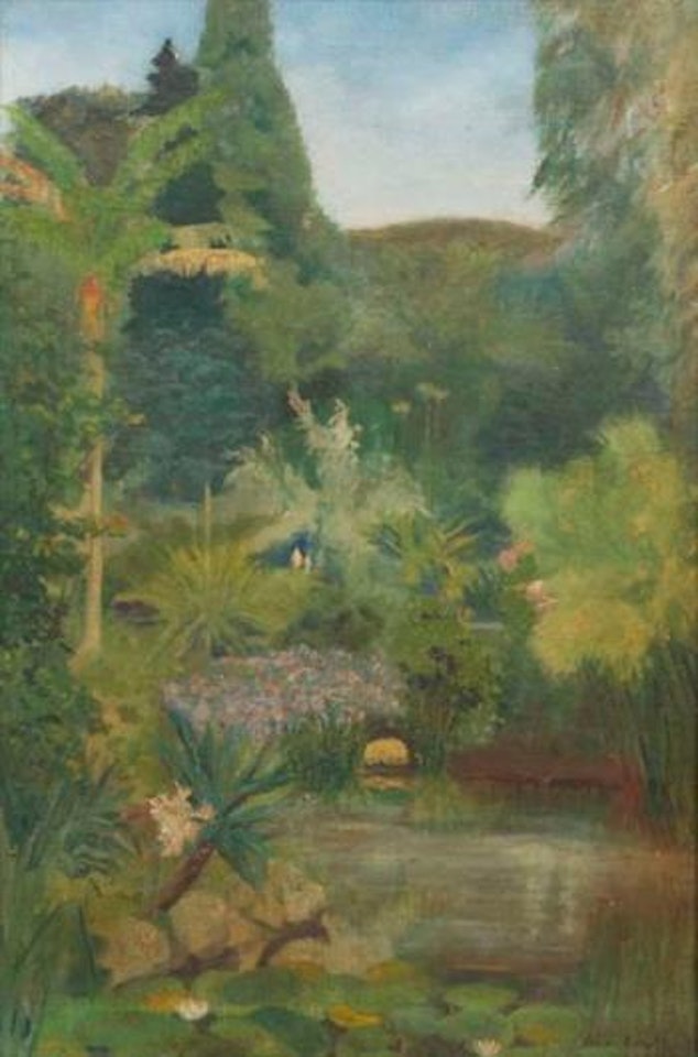 Tropical Garden with Lake and Water Lilies and Distant Mountain by Louis Aston Knight