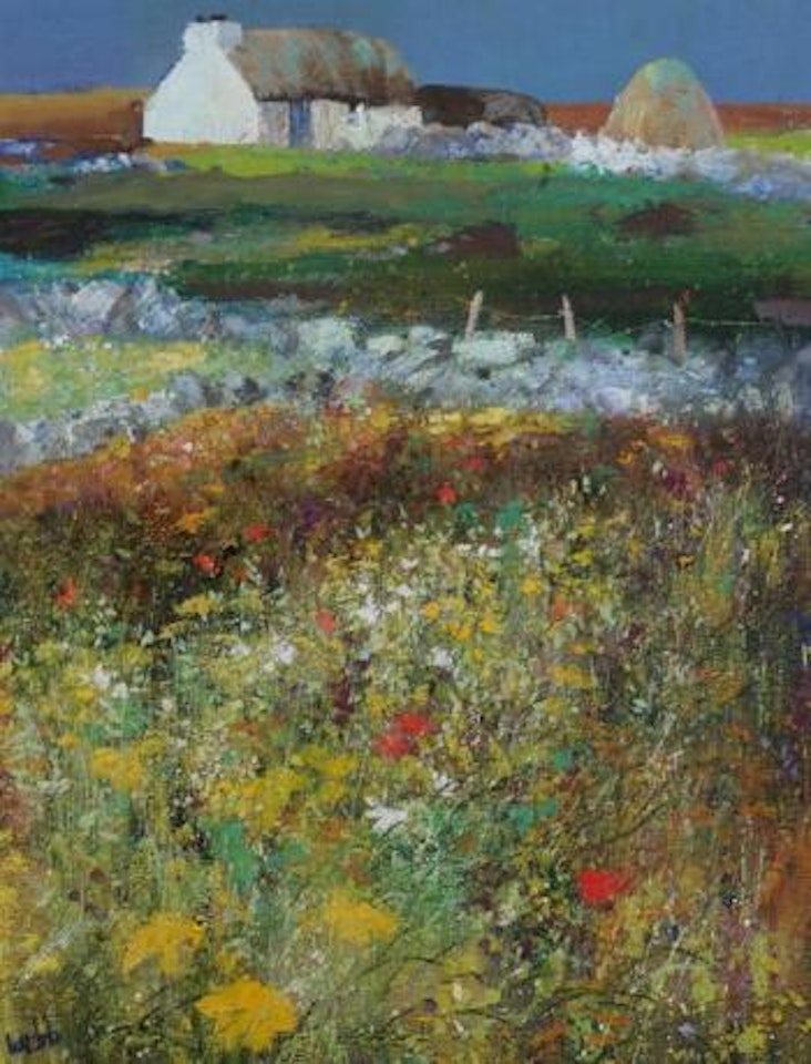 Field of flowers with distant thatched cottage by Kenneth Webb