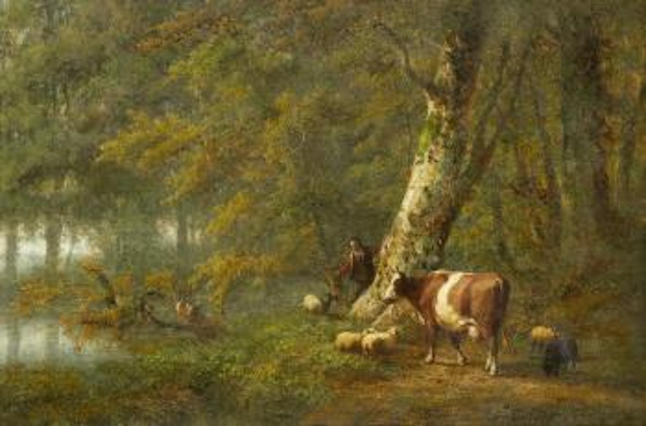Pastoral landscape with a shepherd tending to his animals by Eugène Joseph Verboeckhoven