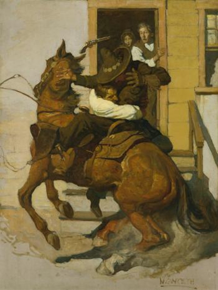 But Sir Henry Never Stopped. He Kept Right On. When He Reached The Top Step He Braced His Foot On It And Gave a Mighty Spring And Caught The Greaser Around The Waist And Swung Him Clean Out Of The Saddle. by Newell Convers Wyeth