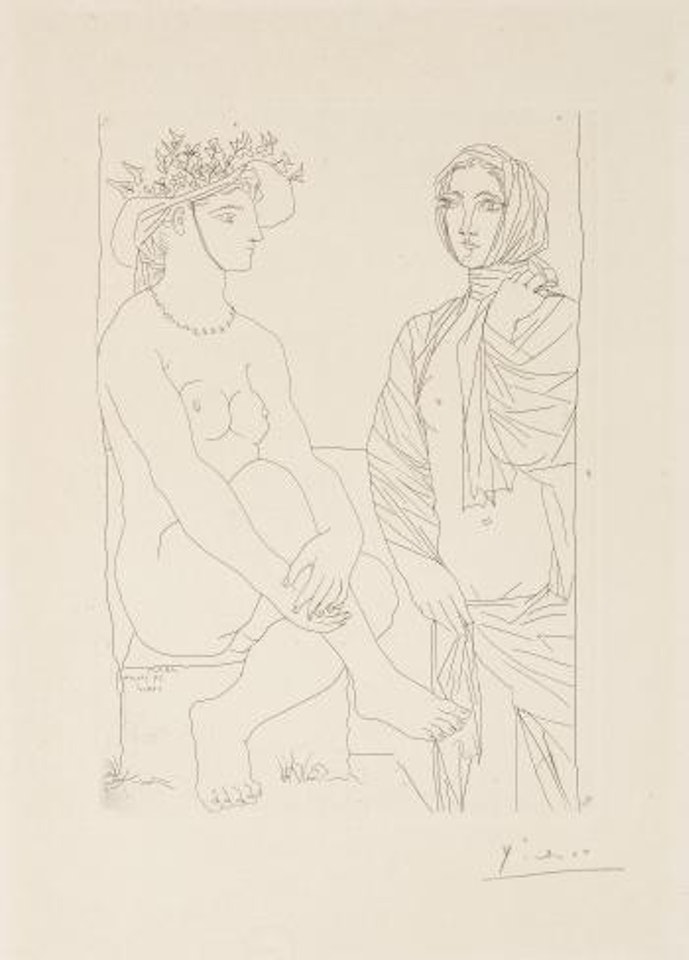 Au Bain: Femme Assise au Chapeau Ã  Fleurs et Femme Debout DrapÃ©e dans une Serviette, from La Suite Vollard (Bloch 210; Baer 408 Bd) by Pablo Picasso