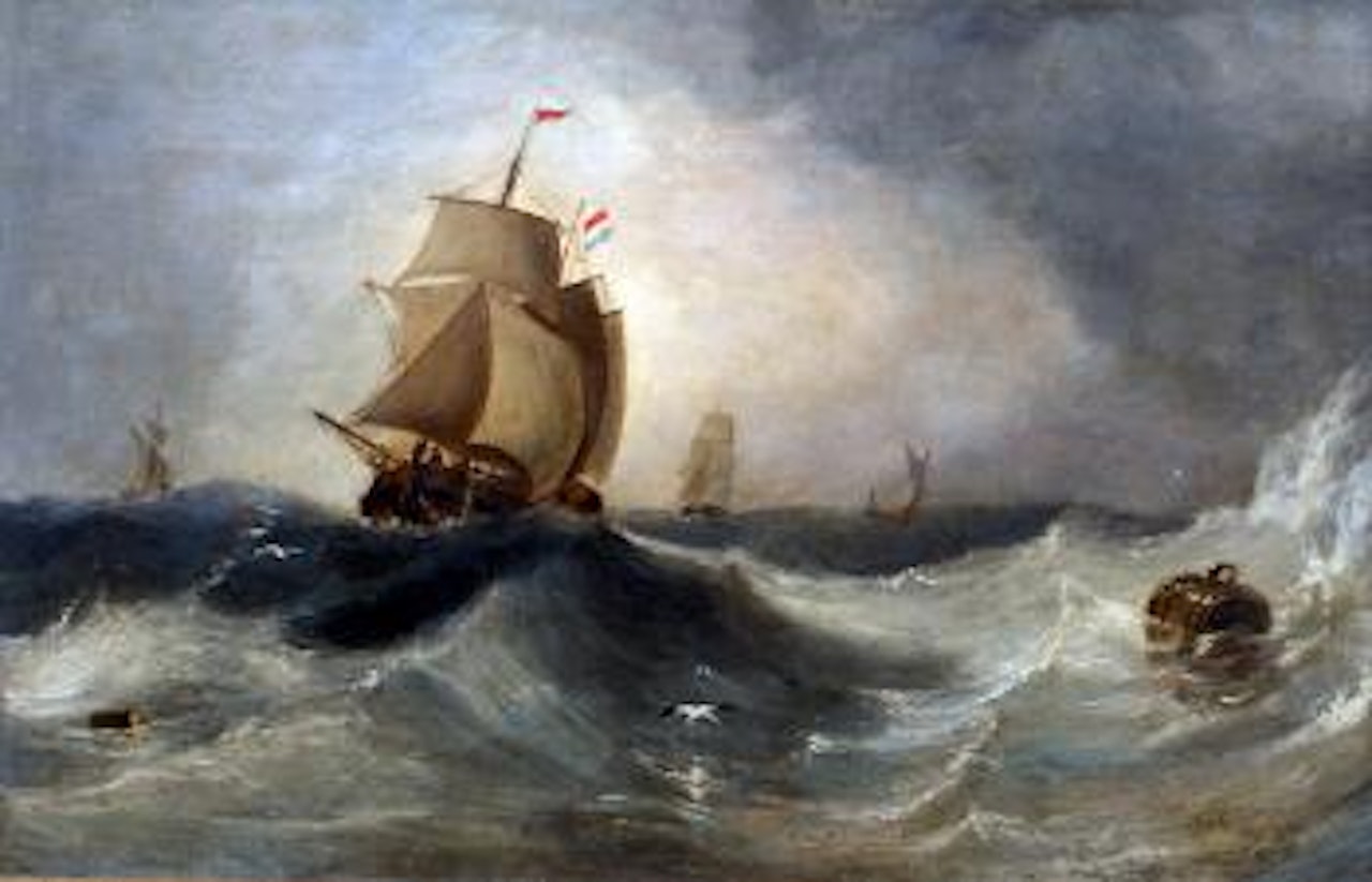 A sailing vessel in stormy waters by John Wilson Carmichael