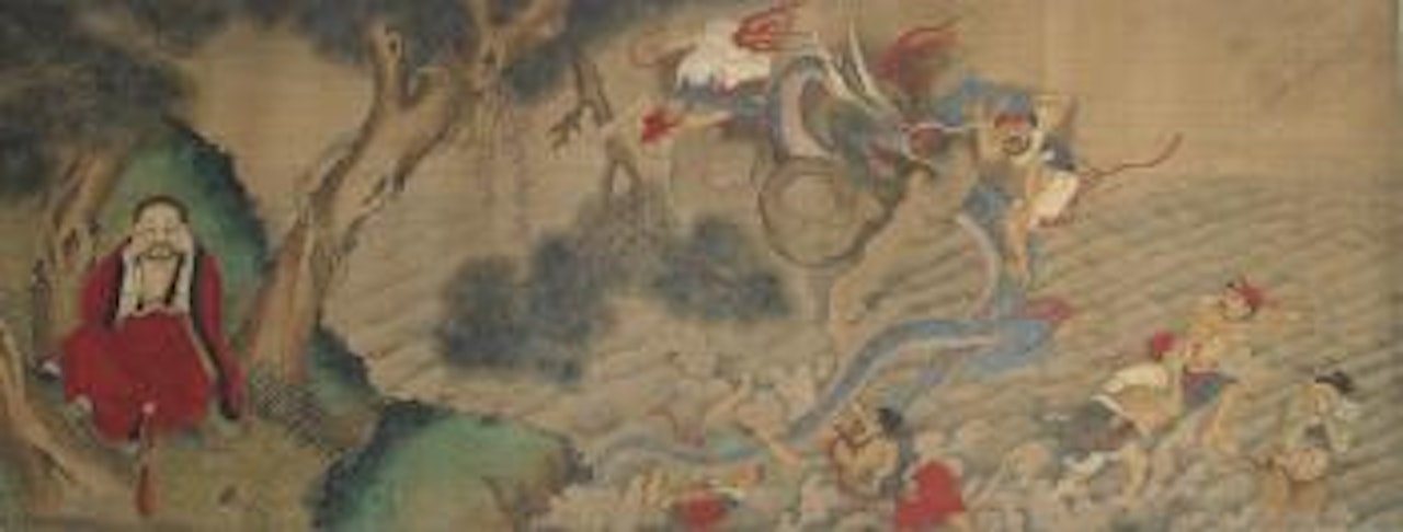 Immortals in an extensive mountain landscape, engaged in meditation and other pursuits, one carried on the shoulders of four demonic bearers… by Chinese School