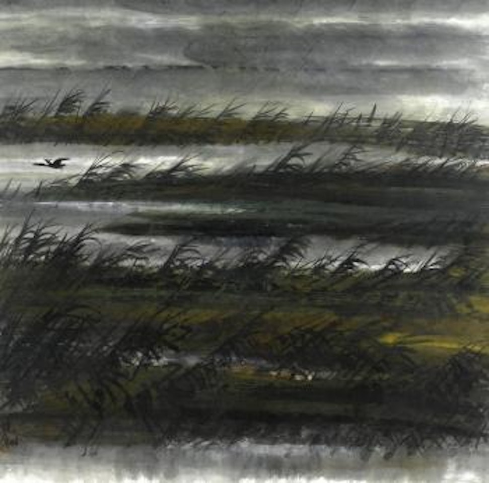Cormorant amidst a watery landscape by Lin Fengmian