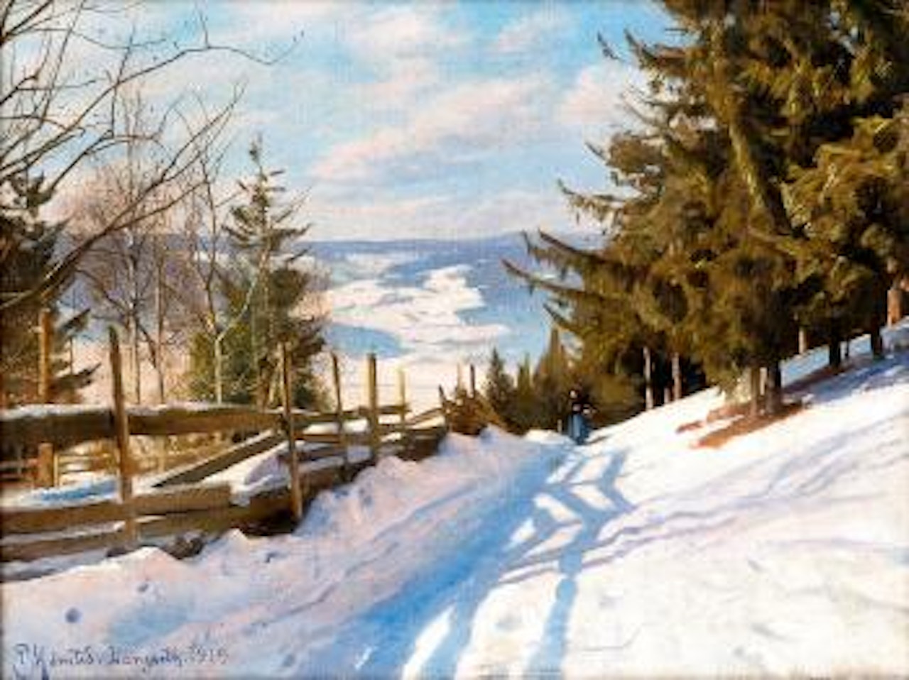 Kvinne i vinterlandskap, Langseth, Lillehammer by Peder Mork Monsted