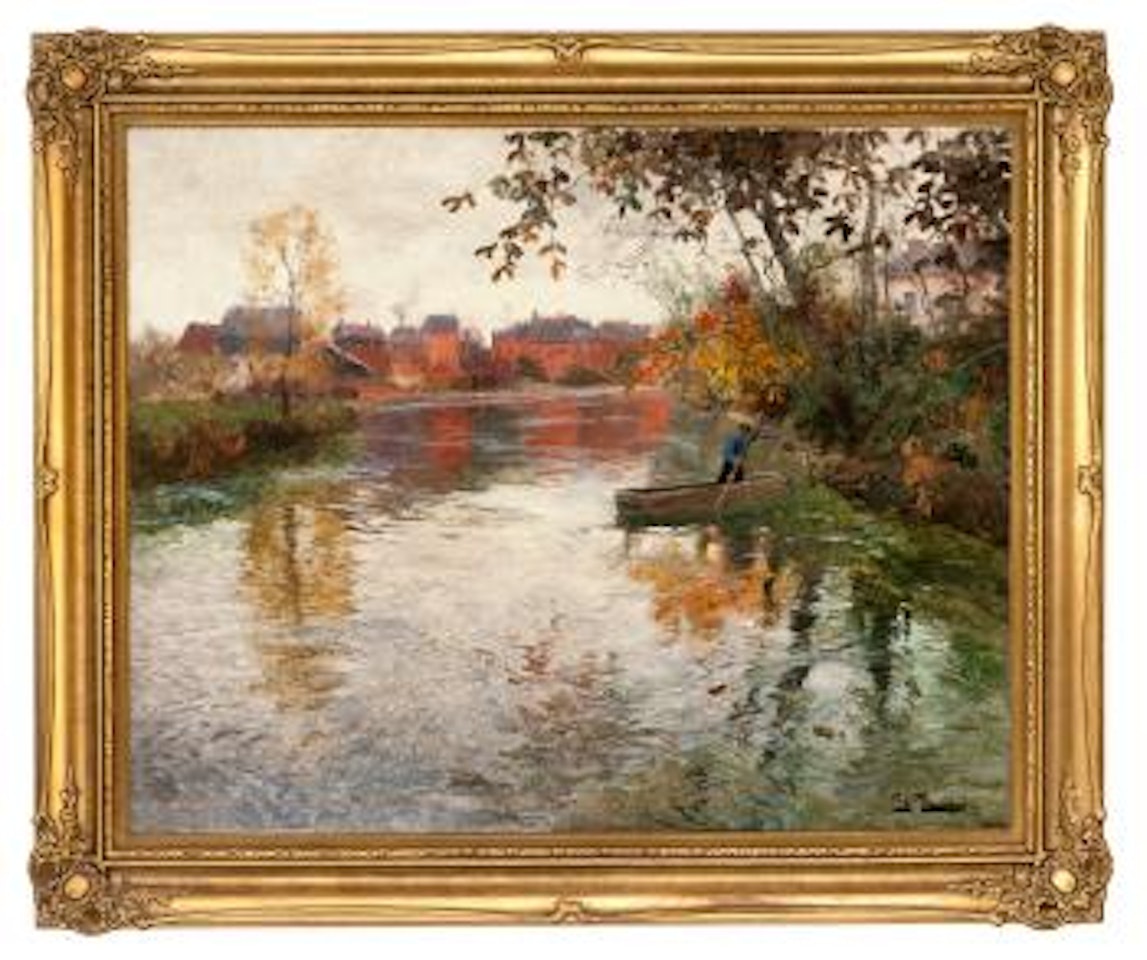 Mann i båt, elvelandskap by Fritz Thaulow