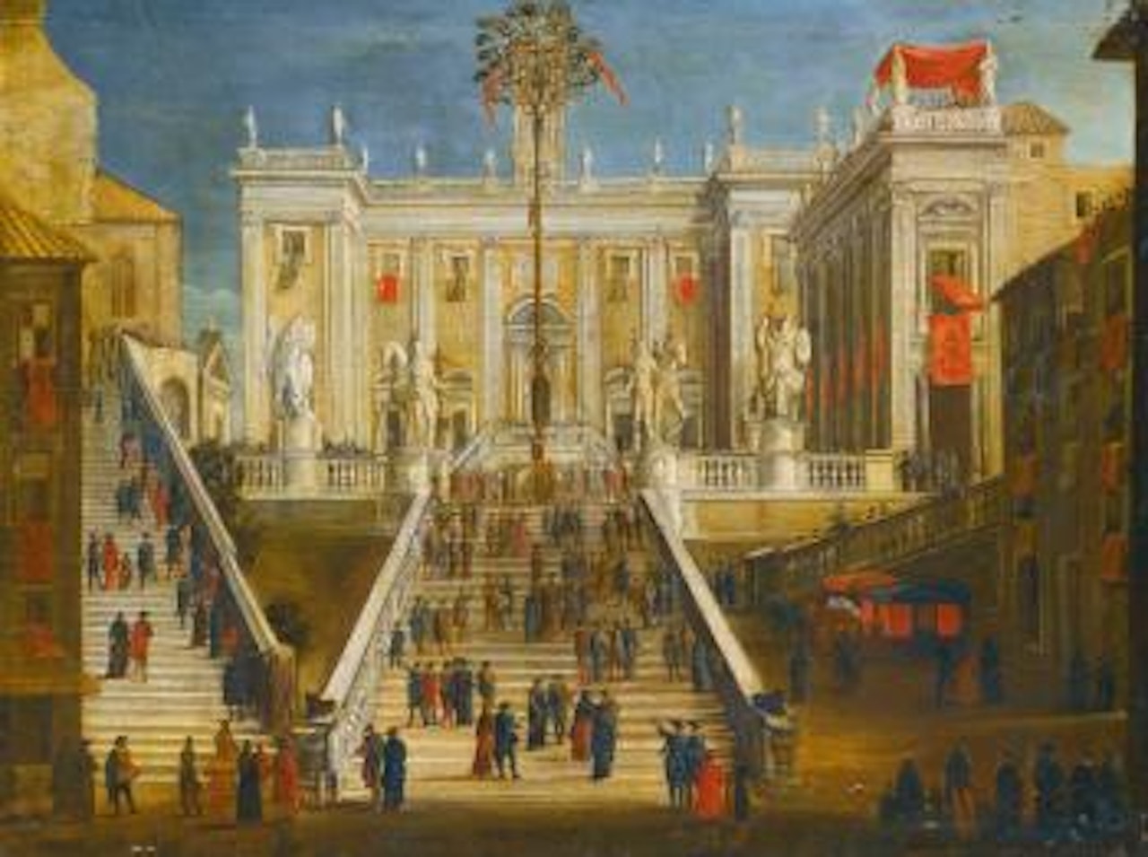 Rome, a Capriccio View Of The Campidoglio With Numerous Figures Conversing On The Steps by Roman School