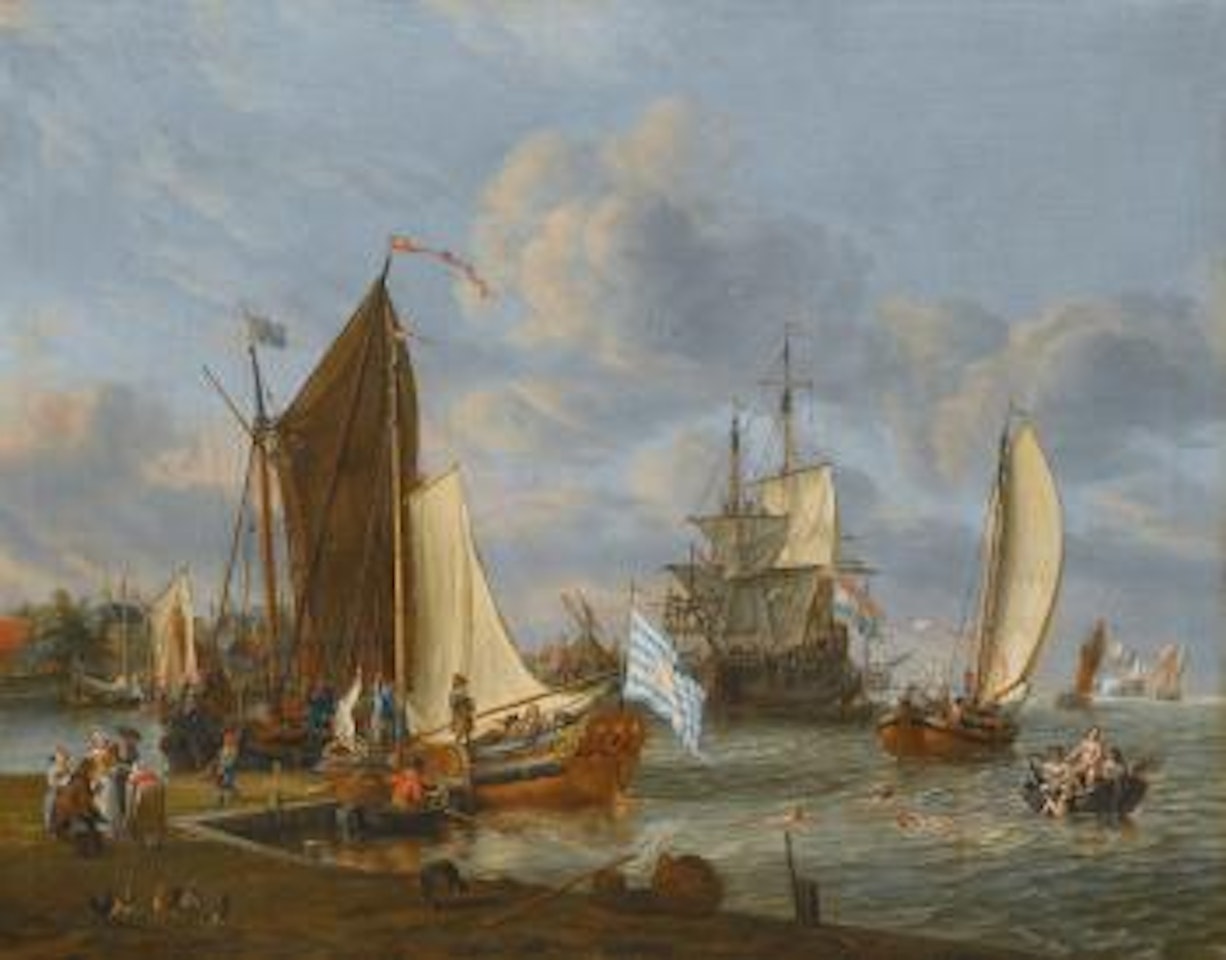 A Dutch Harbour With a Bezan Yacht And a Galjoot Moored At a Quay, a Boeier Yacht Under Sail And a Man O'war Anchored Beyond, With Figures Bathing From a Rowing Boat by Abraham Storck