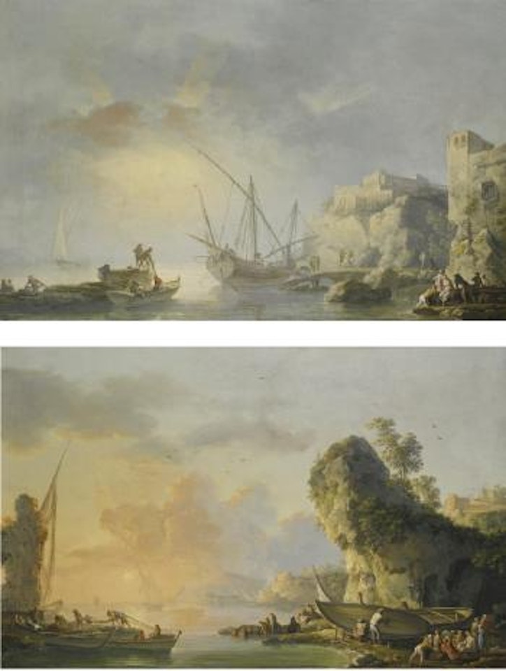 Sunrise Over a Harbour With Fishermen Preparing To Embark; Sunset Over a Harbour With Fishermen Returning To Shore And Pulling In Their Nets by Carlo Bonavia