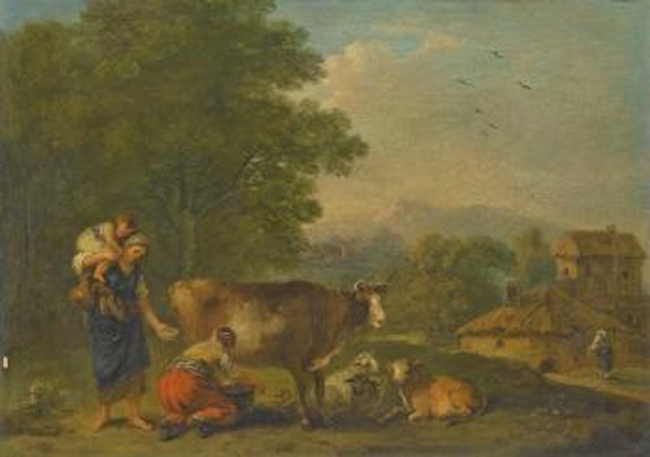 A Pastoral Landscape With a Milkmaid Milking a Cow Beside a Cottage by Francesco Zuccarelli