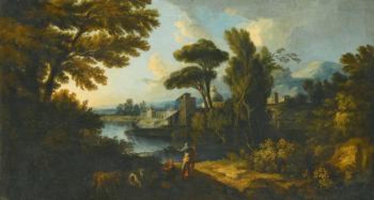 A River Landscape In The Roman Campagna With Herders Resting Beside Their Animals, Beyond Them a Town by Roman School