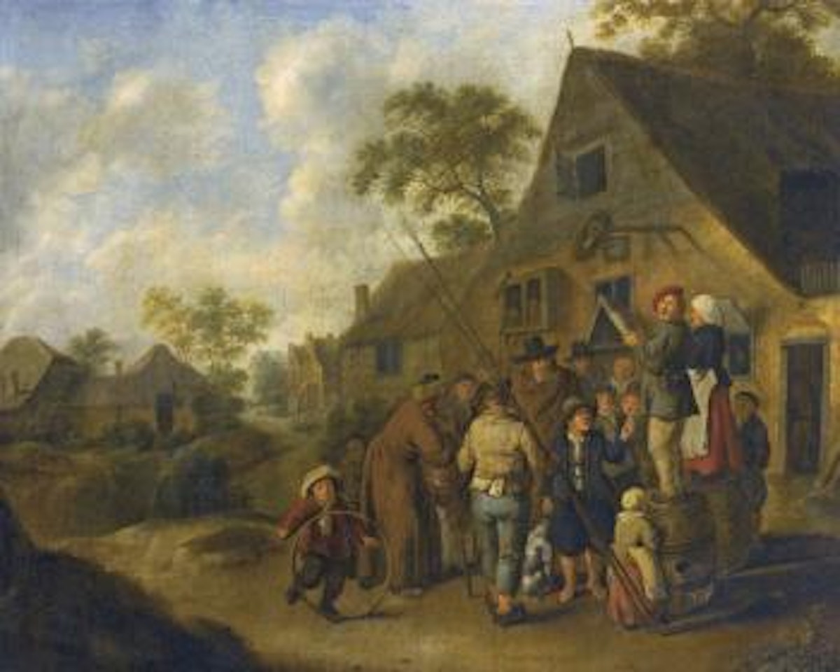 A Village Street With Villagers Gathered Around Two Figures Proclaiming News, Standing On Barrels Outside An Inn by Jan Miense Molenaer