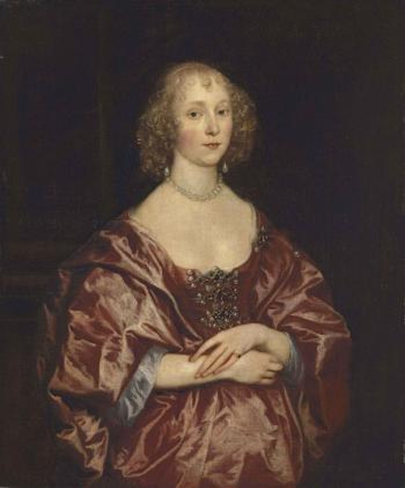 Portrait Of A Lady, Half-Length, In A Red Dress Embroidered With Pearls and diamonds and a red mantle by Anthony van Dyck