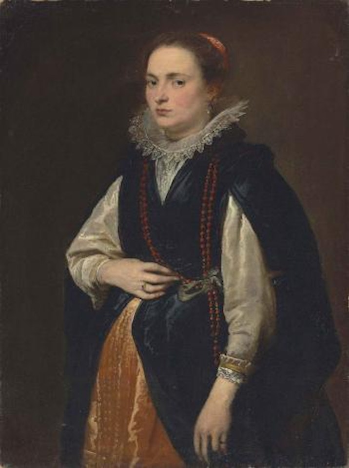 Portrait Of A Lady, Three-Quarter-Length, In A Black Mantle, Rust-Coloured Silk skirt and a lace ruff, with coral beads around her neck by Anthony van Dyck