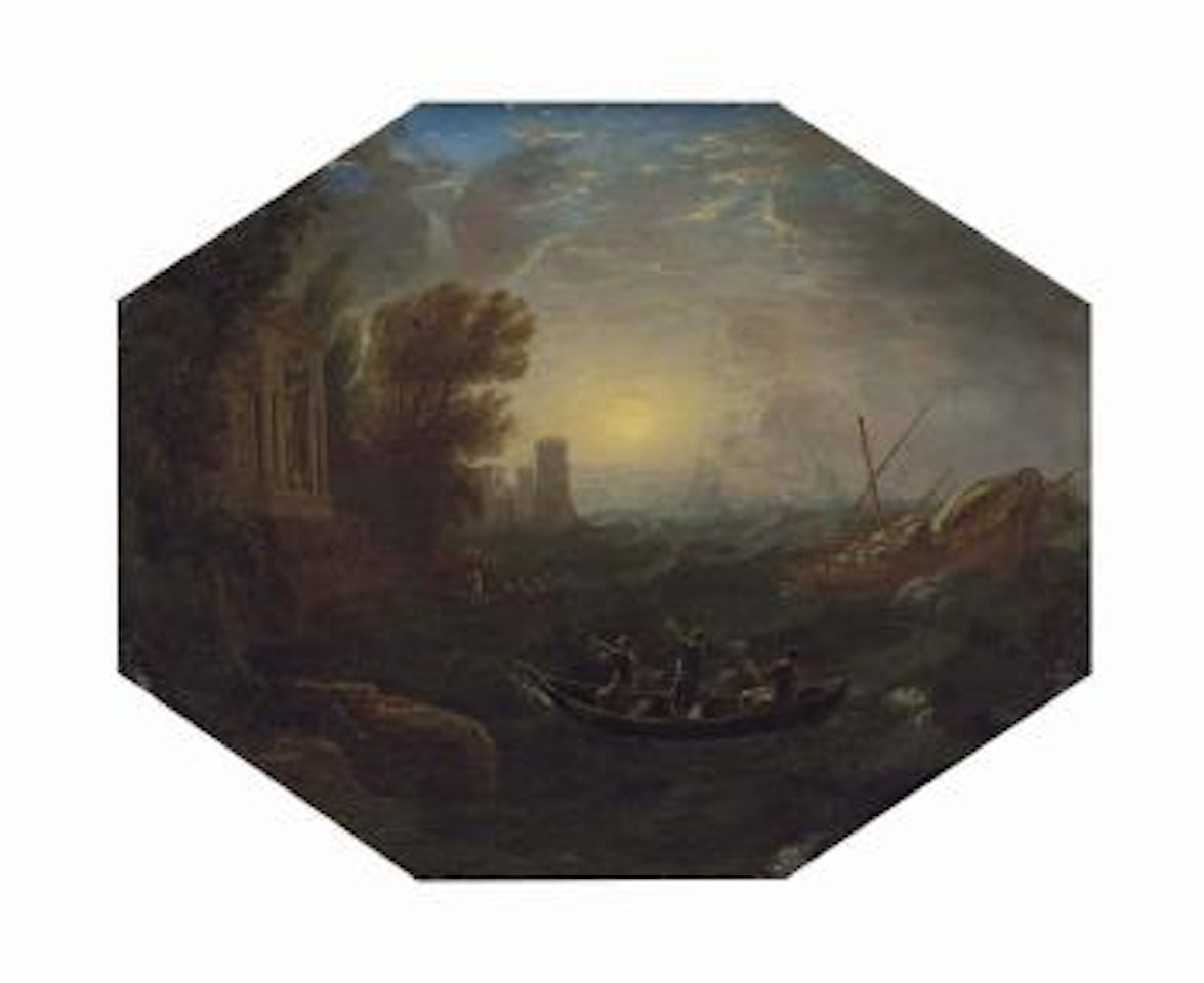 La Tempête: A Mediterranean Costal Landscape With Rowing Boats And A Galley In rough seas, a seaside temple and a tower, other vessels beyond by Claude Lorrain