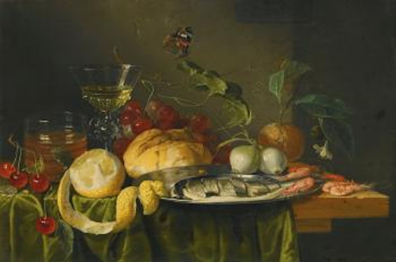 A Still Life Of a Glass Of Wine With Grapes, Bread, a Glass Of Beer, a Peeled Lemon, Fruit, Onions And a Herring On a Dish Upon a Table Draped With a Green Cloth by Jan Davidsz de Heem