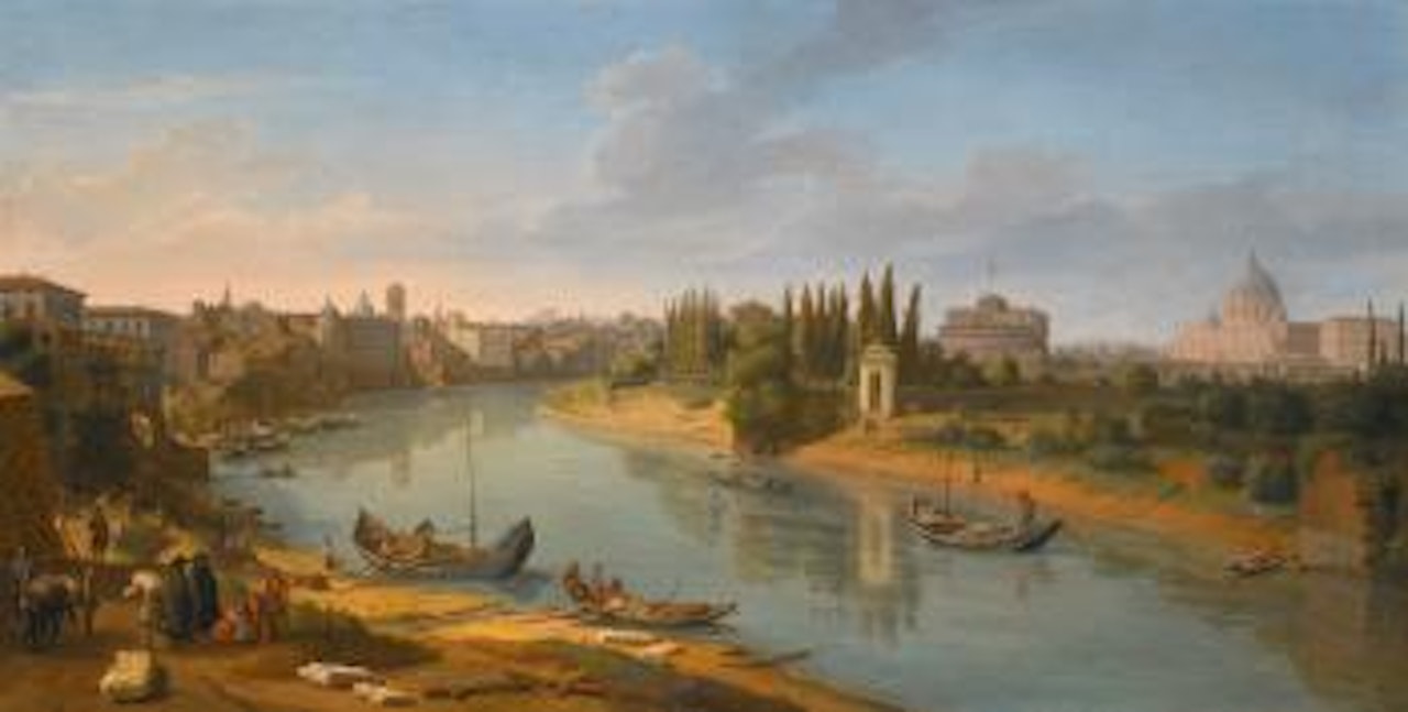Rome, A View of the River Tiber at the Porto dell Legna looking towards Castel Sant'Angelo, with Saint Peter's basilica in the distance by Gaspar van Wittel