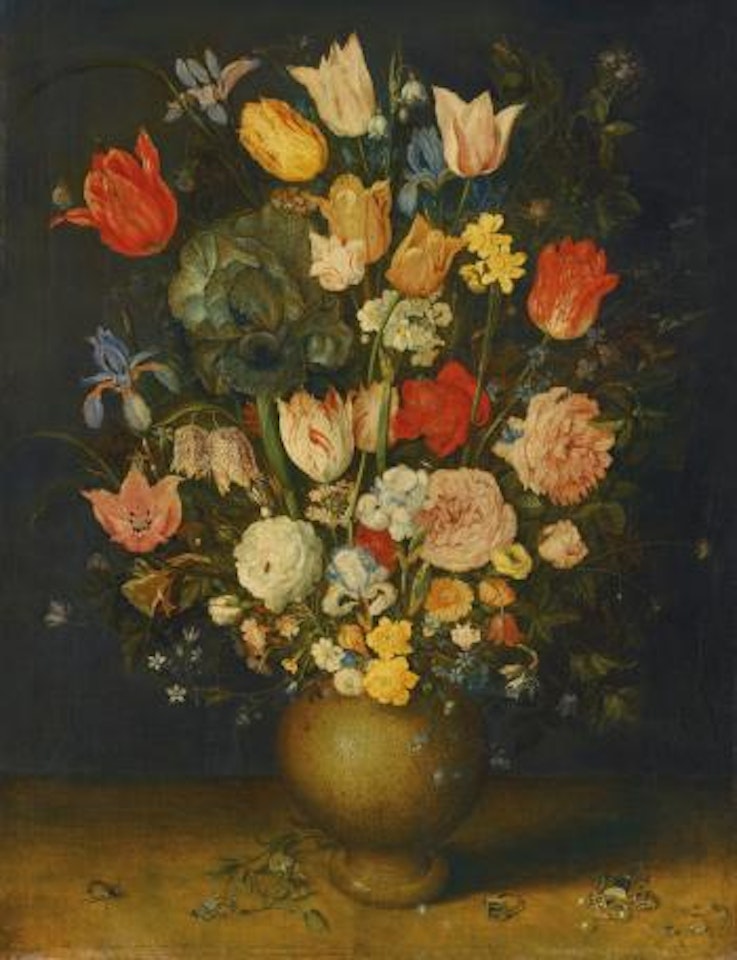Still Life With Tulips, Roses And Irises In An Unpainted Clay Vase, And a Brooch, Ring And Beetle On a Ledge by Jan Brueghel the Younger