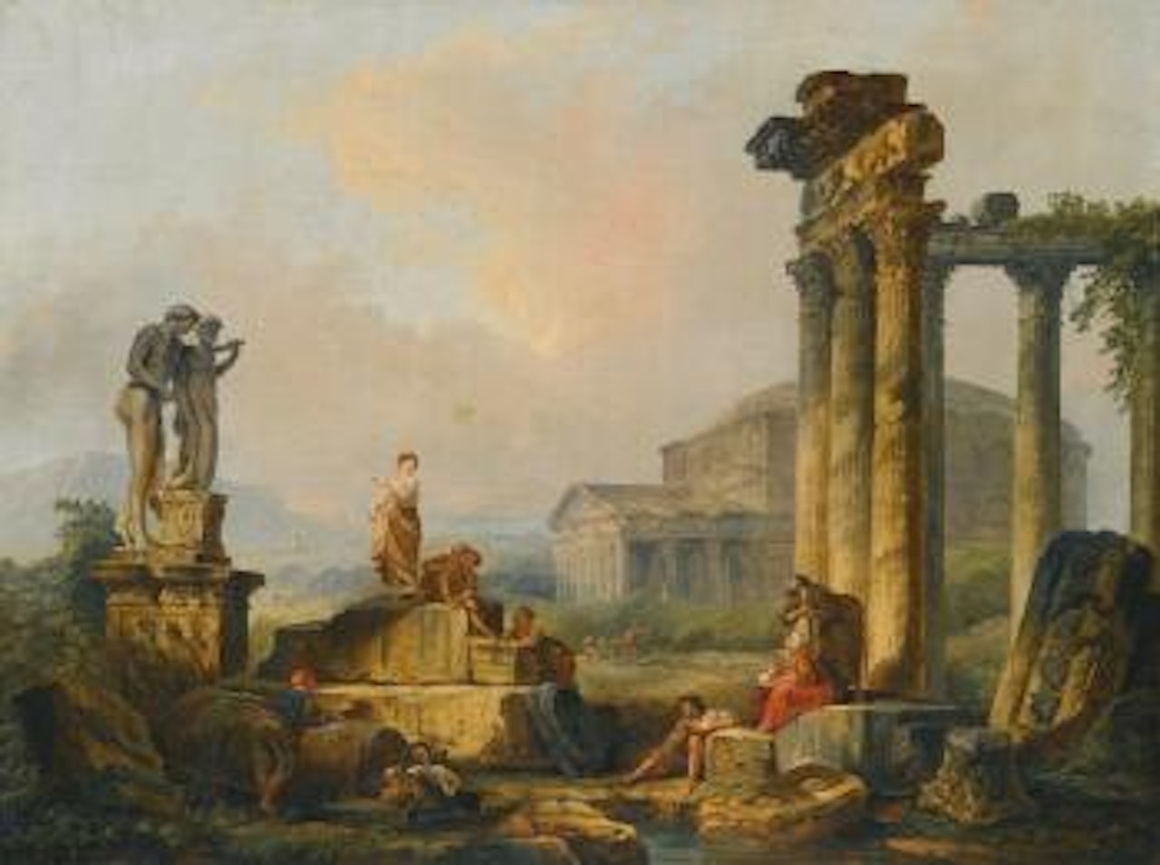 A Landscape With Shepherds And Shepherdesses Among Ancient Ruins, With The Statue Of Castor And Pollux And The Pantheon Beyond by Hubert Robert