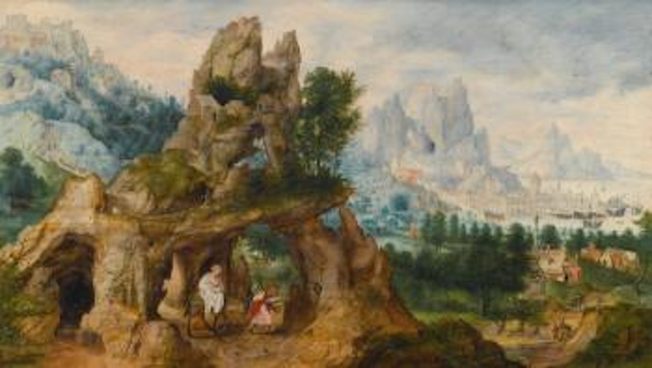 An Extensive Rocky Landscape With The Flight Into Egypt by Herri met de Bles