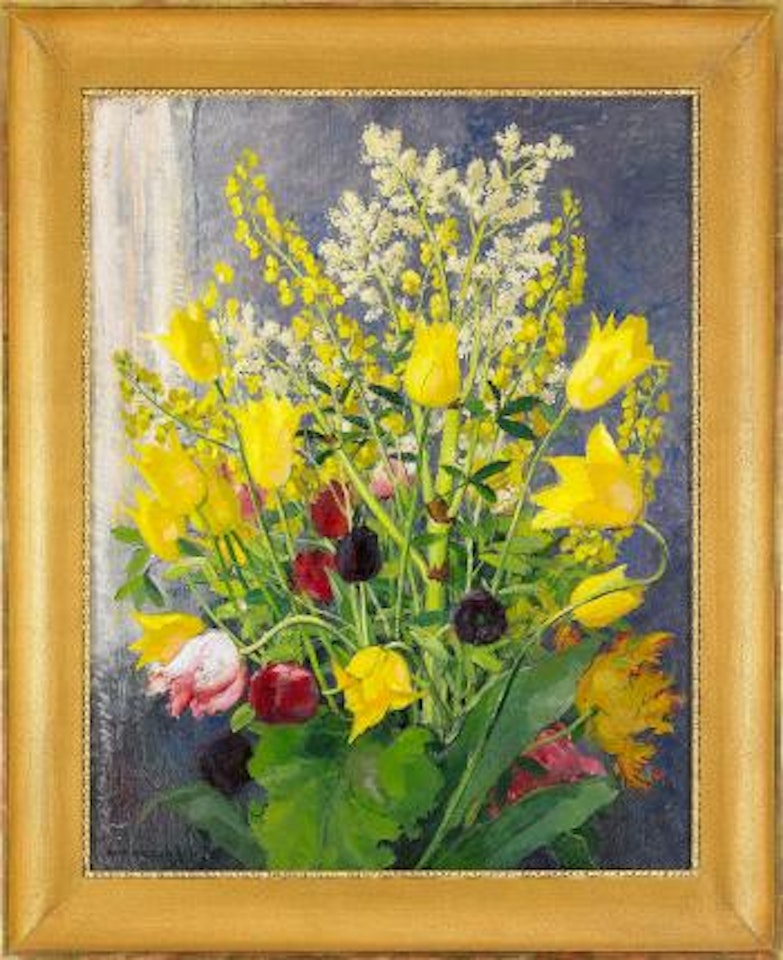 Blomsterstilleben med gula tulpaner by Olle Hjortzberg