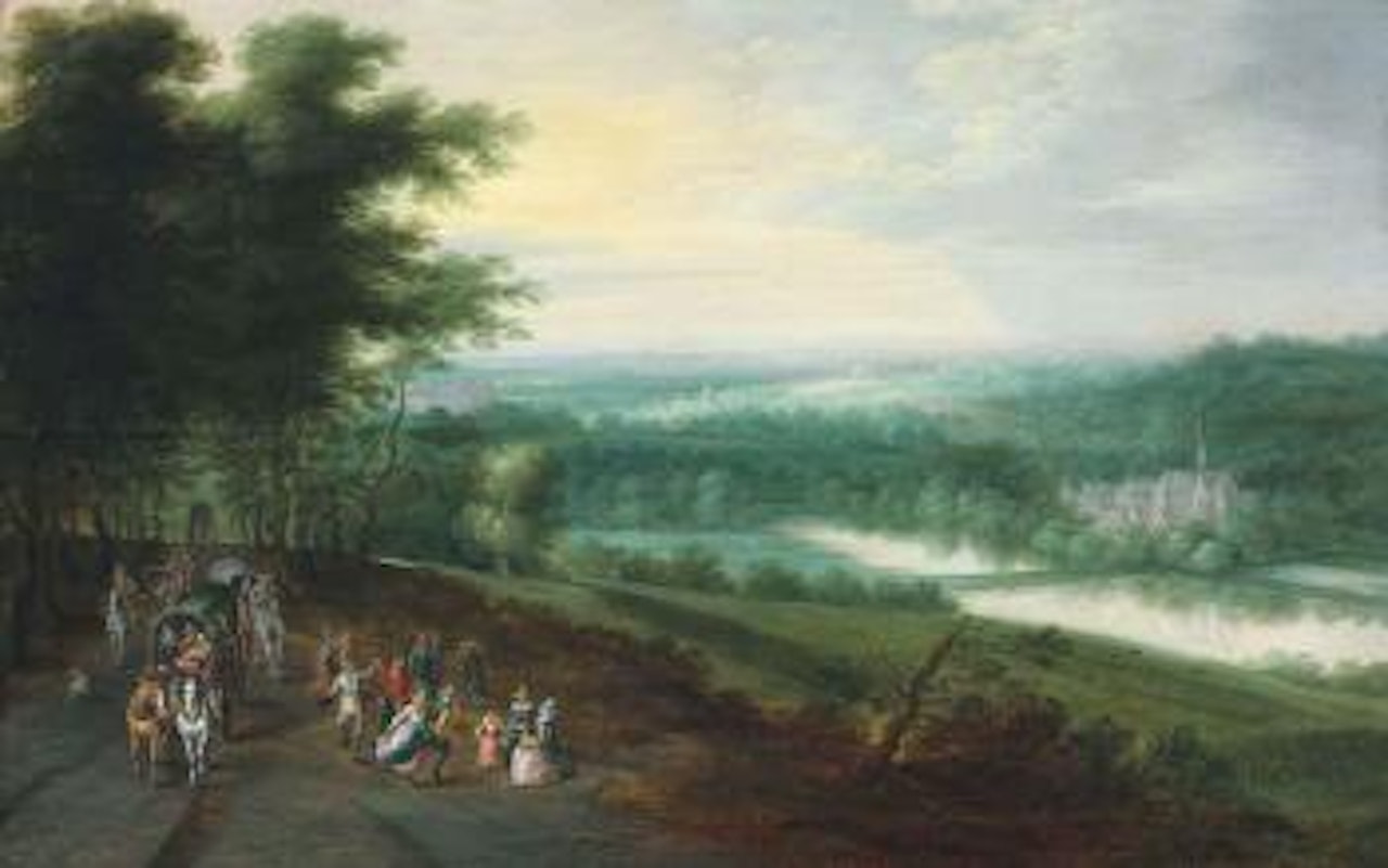 An extensive wooded river landscape with elegant figures in horse-drawn carriages and dancing on a path by Jan Brueghel the Younger