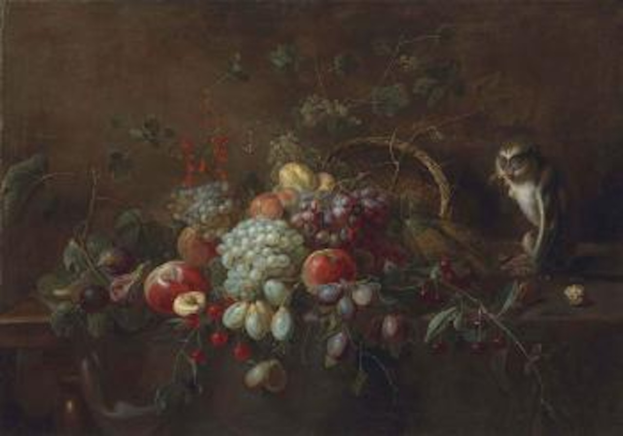 Grapes, apples, plums, figs and other fruit on a partly draped wooden table, a monkey eating walnuts by an upturned woven basket by Adriaen van Utrecht