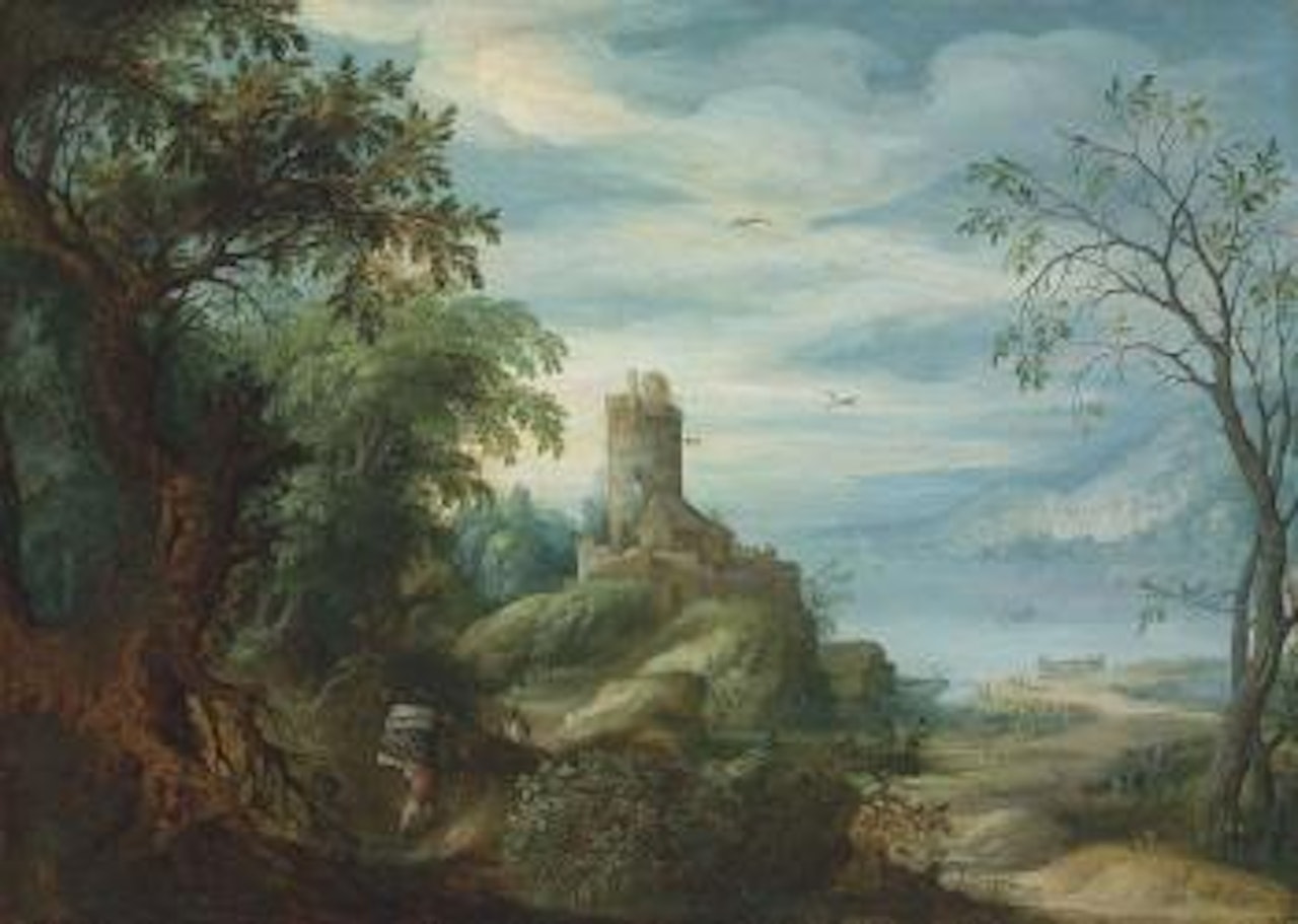 An extensive mountainous landscape with a turret on a hill, faggot gatherers at the edge of a forest and a lake in the distance by Abraham Govaerts