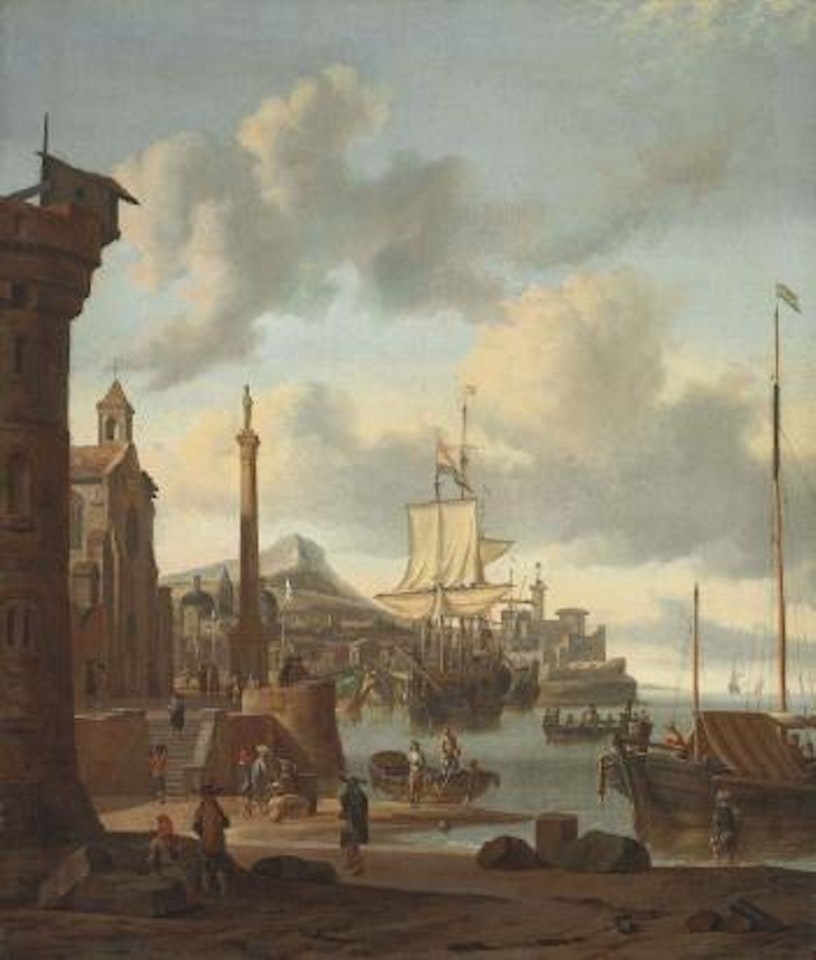 A capriccio of a Mediterranean harbour with a Dutch ship at anchor, a churchyard with a classical column on the embankment, figures descending to the beach by Abraham Storck