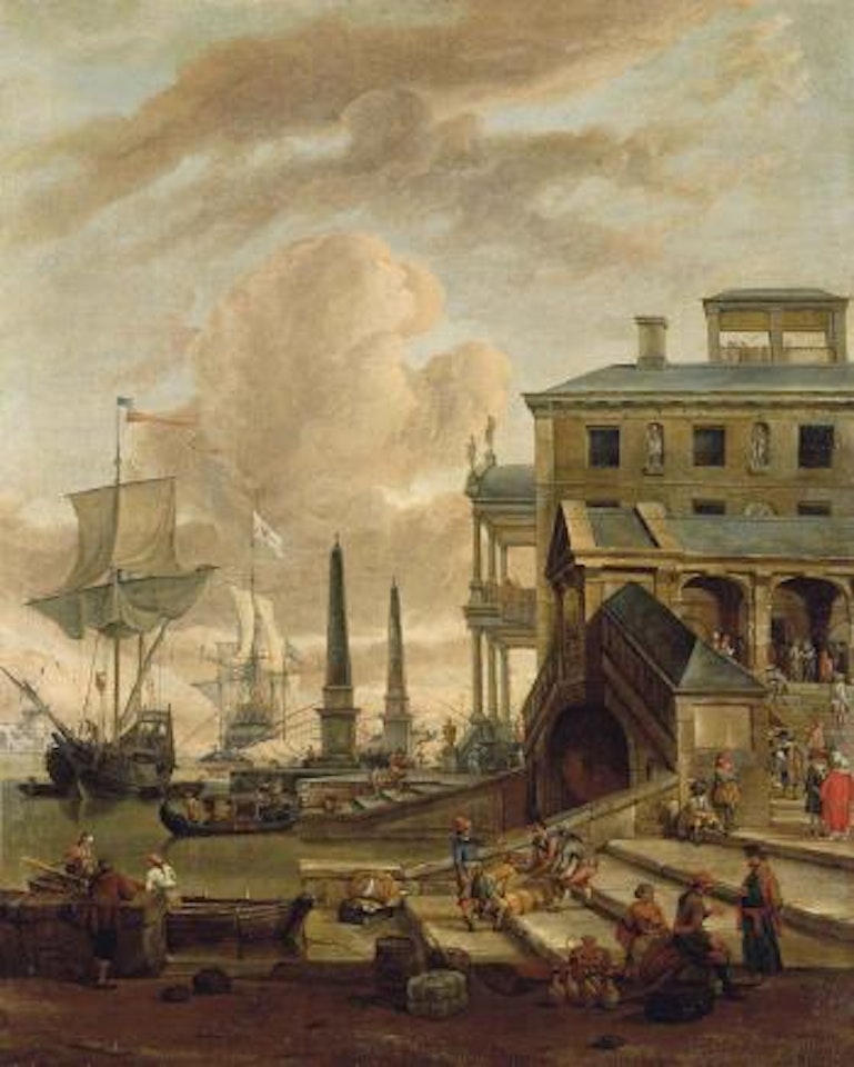 A capriccio of a Mediterranean harbour with stevedores, orientals and elegant figures, with ships beyond by Abraham Storck