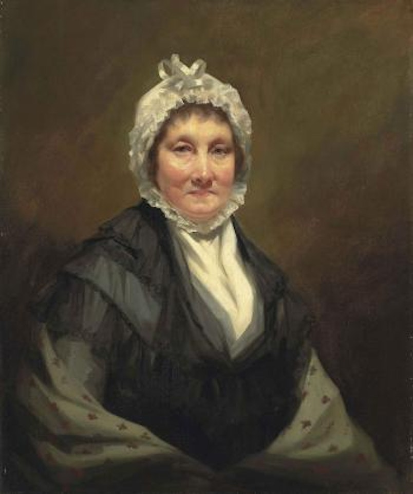 Portrait of the Hon. Mrs. King, of Dunira, half-length, in a black dress and a grey shawl, with a white bonnet by Henry Raeburn