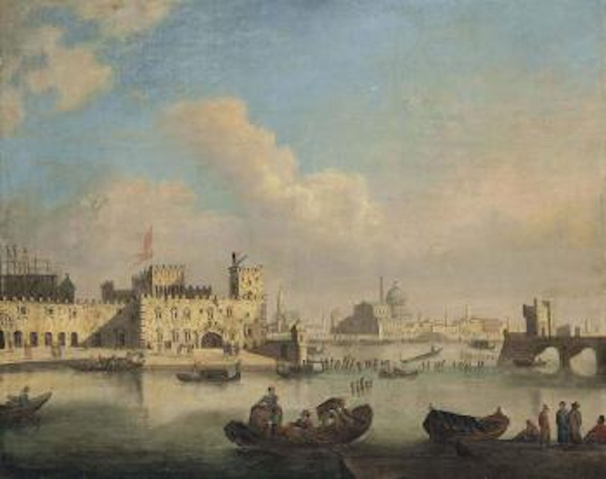 A capriccio with a fortress and gondolieres in the foreground, Santa Maria della Salute beyond by English School