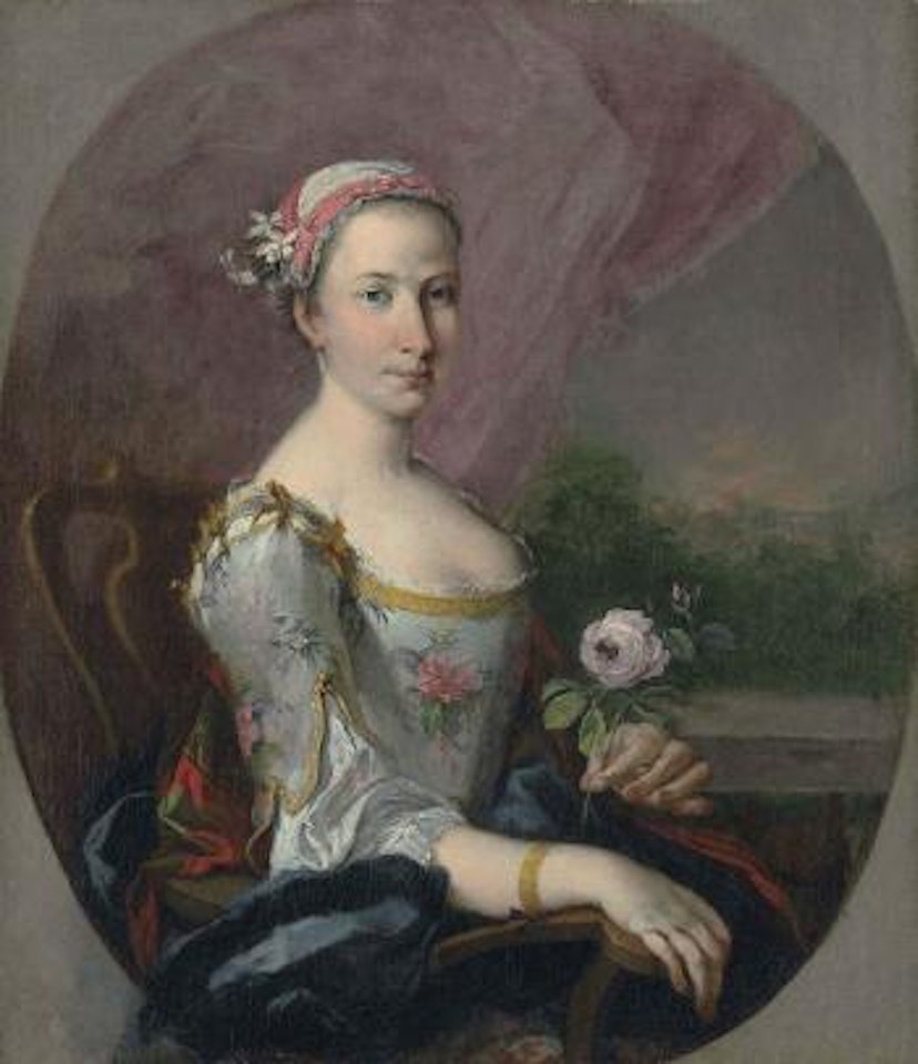 Portrait of a lady, half-length, in an embroidered blue dress, holding a rose, a wooded landscape beyond, in a feigned oval by Francesco Zuccarelli