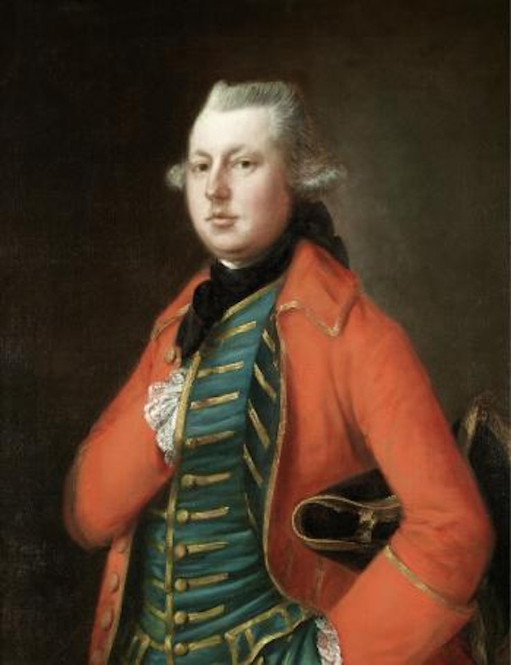 Portrait of Mr. Coke of Brookhill Hall, half-length, in a red coat and a blue waistcoat with gold embroidery, a tricorn hat under his arm by Thomas Gainsborough