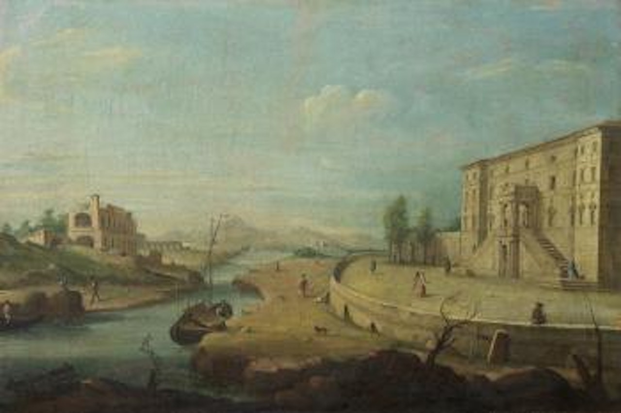 A capriccio of a landscape in the Roman Campagna with numerous figures beside a river running between Roman ruins to the left and a Renaissance villa to the right by Giacomo van Lint