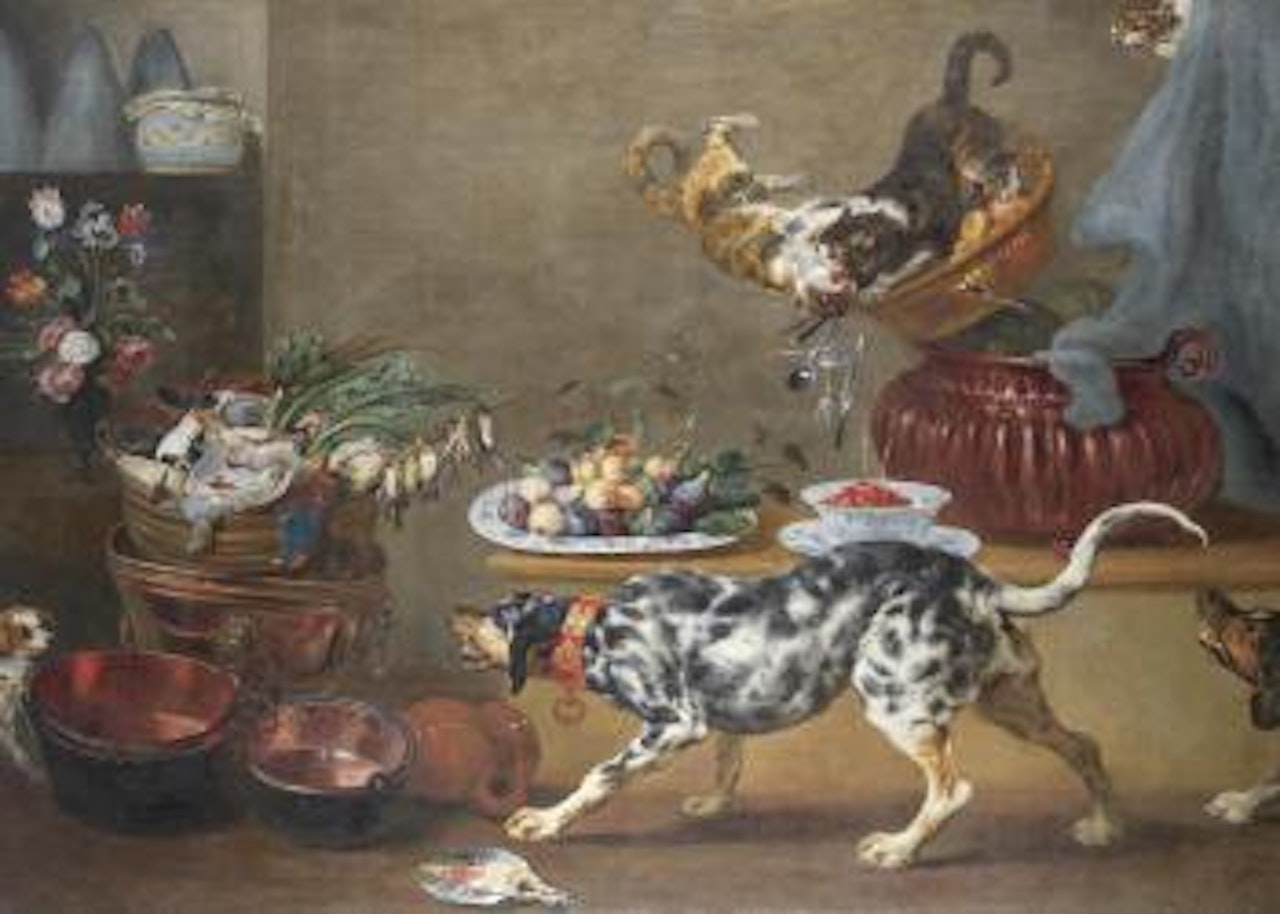 Various flowers in vases, figs and strawberries in  Kraak porcelain bowls, with copperware, dead game, two cats fighting and three dogs in the foreground by Paul de Vos