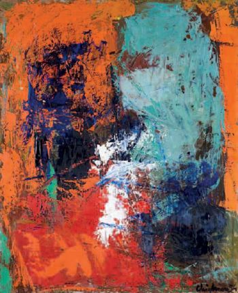 Figura celeste su fondo rosso by Alfredo Chighine