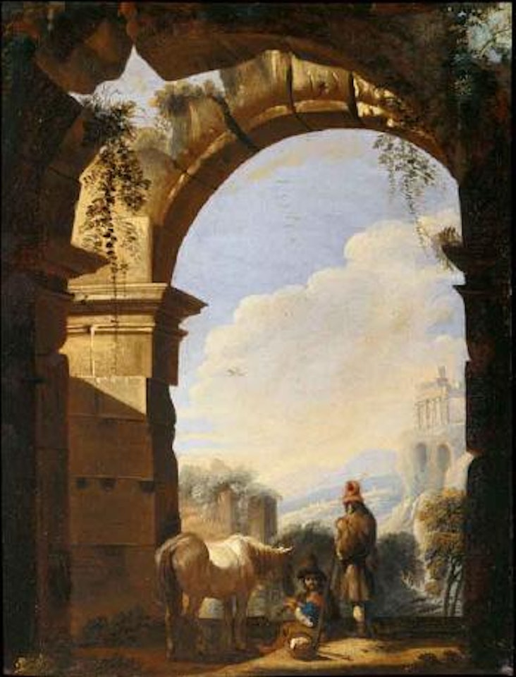 Capriccio architettonico con viandanti in sosta by Michelangelo Cerquozzi by Viviano Codazzi