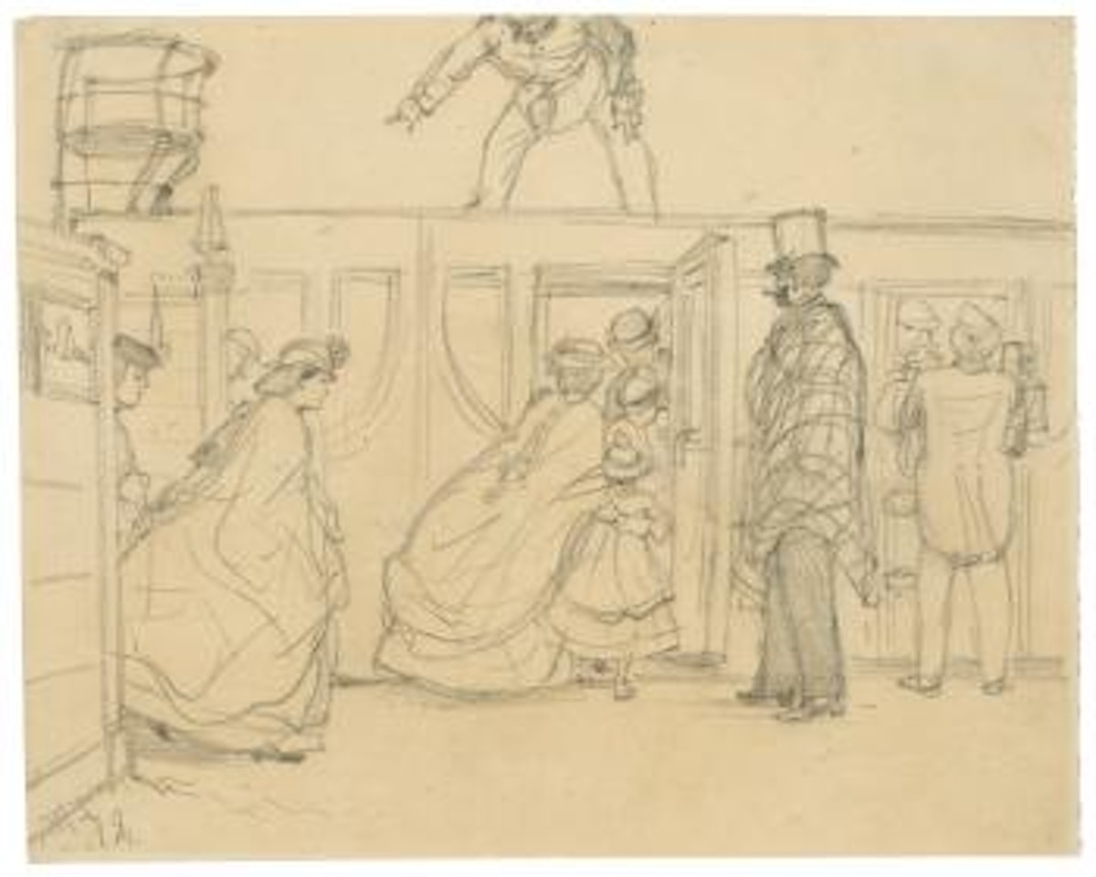 Reisende auf dem Bahnsteig (Für Damen' / 'Für Herren') by Adolph Menzel