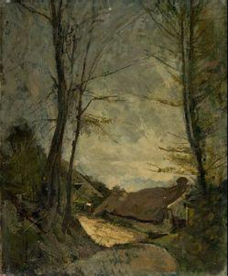 Waldausgang mit Blick auf eine Häusergruppe by Henri Harpignies
